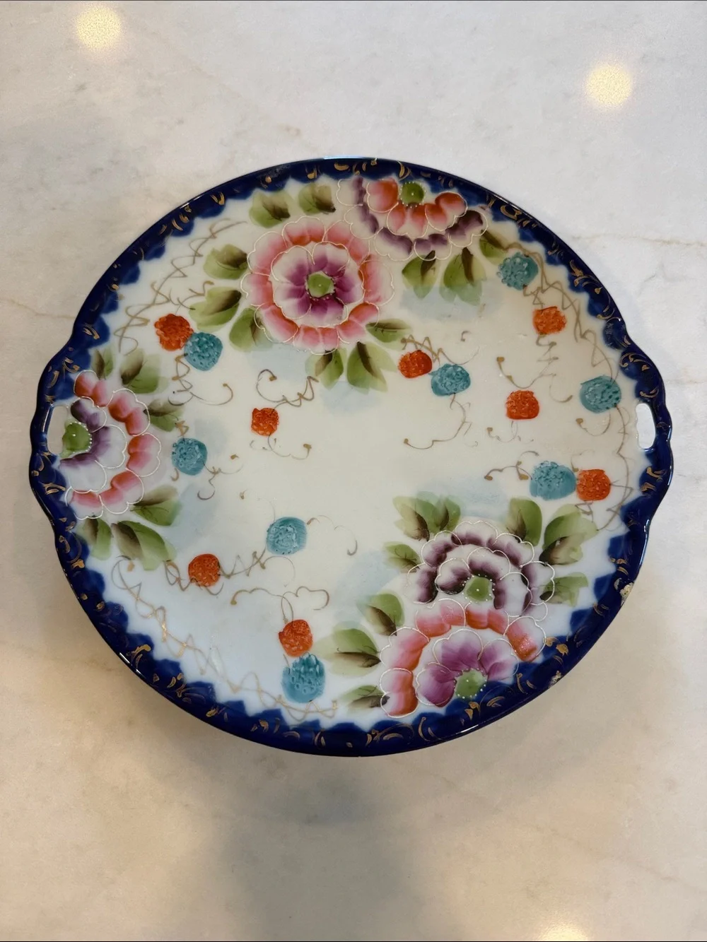 Decorative Floral Porcelain Serving Plate - Blue Edge, Pink Flower